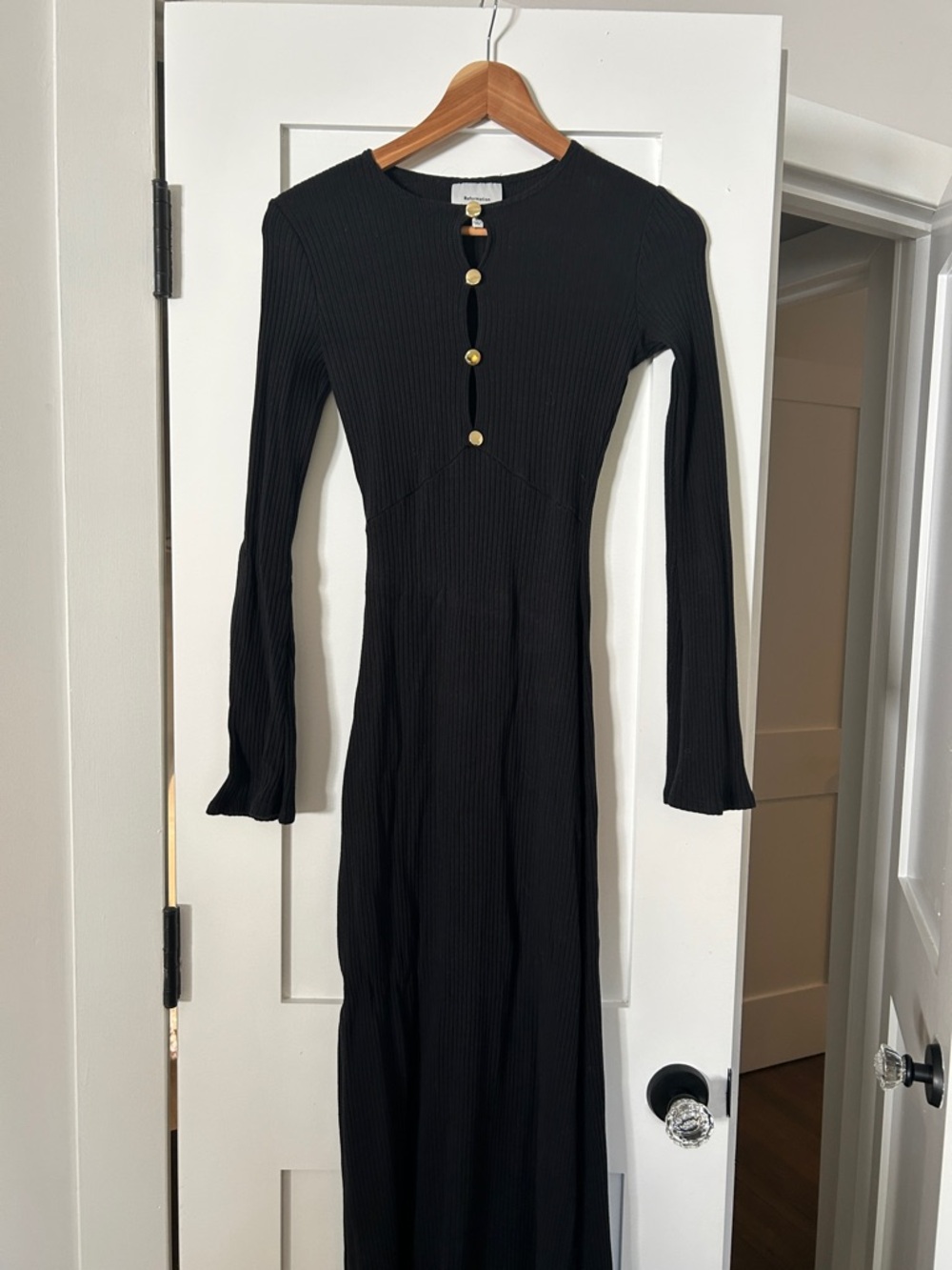Reformation Black Ribbed Button-Front Knit Dress